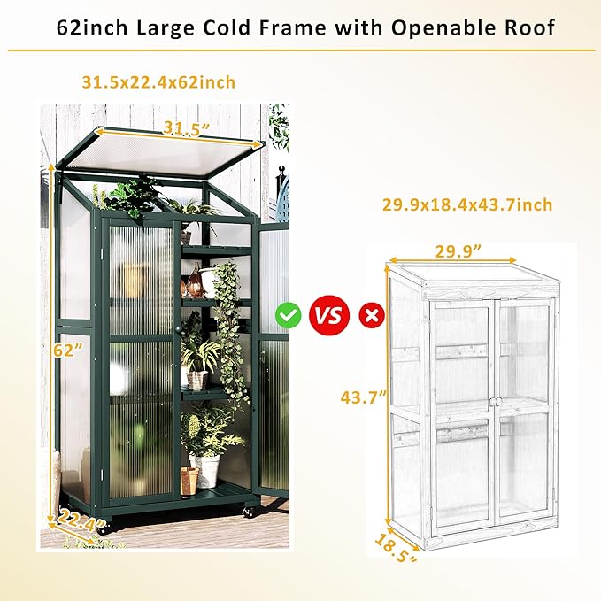 Mini 4-Tier Greenhouse with Locking Wheels 62 Inch Height Portable Wooden Green House Cold Frame with Adjustable Shelves and Vent Small Garden House for Outdoor Indoor Forest Green
