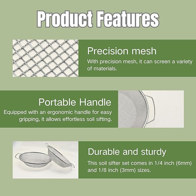 3PCS Soil Sifter for Gardening Rock Sifter for 5gallon Bucket Dirt Sifter Compost Sifter Sifter for Gravel Sawdust Vermicompost 3mm 6mm8mm Soil Sifter with Handle