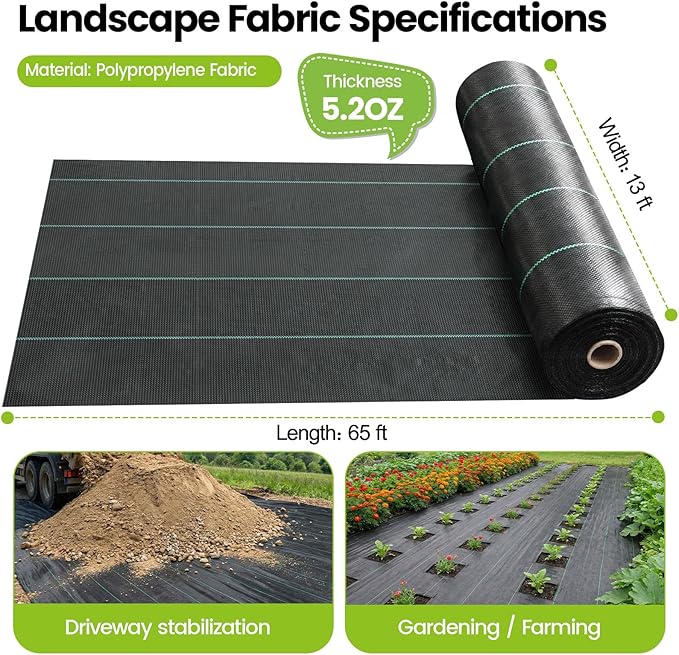 13x65ft Driveway Fabric 5.2OZ Commercial Weed Barrier Fabric Heavy Duty Landscape Fabric Weed Fabric Weed Blocker Fabric for Garden Weed Barrier Road Fabric Construction Project Erosion Control