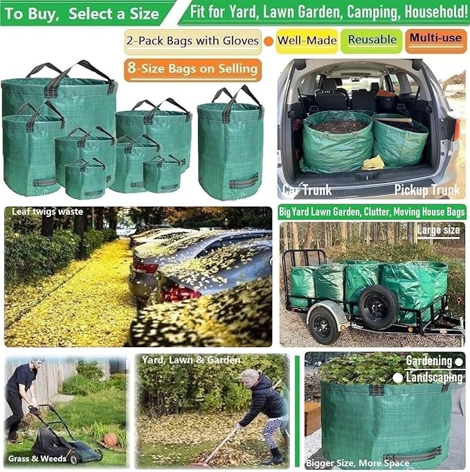 Professional 2-Pack 137 Gallon Lawn Garden Bags Large (D34H34 inch) Yard Waste Bags with Gardening Gloves Big Leaf BagYard DebrisWaste ContainerLawn Trash BinGrass ClippingsWeeds Bags 4 Handles