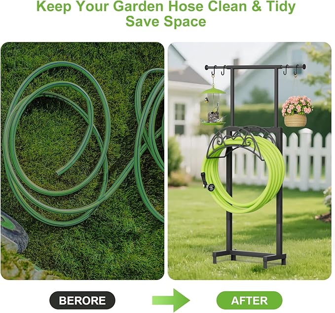 Garden Hose Holder with Telescopic Pole Upgraded Heavy Duty Hose Stand Holds 150ft with 4 Spikes Freestanding Metal Hose Storage and Hanger for Outside Yard Lawn Farm Black