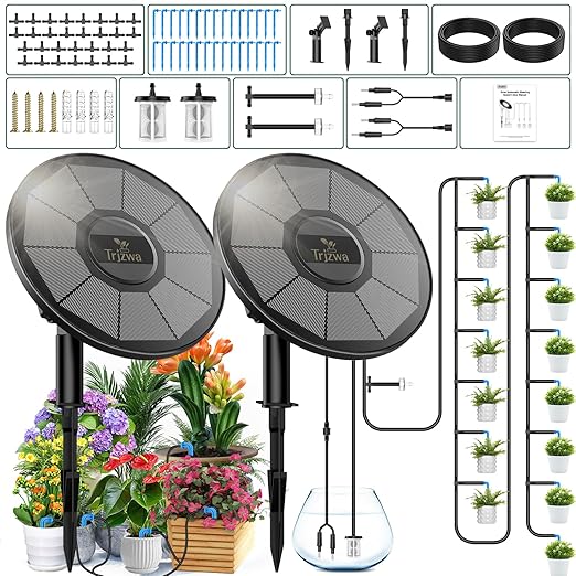 Solar Irrigation System TRJZWA 2 Pack Automatic Drip Irrigation Kit for Outdoor/Indoor Garden Watering System with Water Level DetectionDrip Irrigation System for 15 Potted Plant with 15m Water Hose