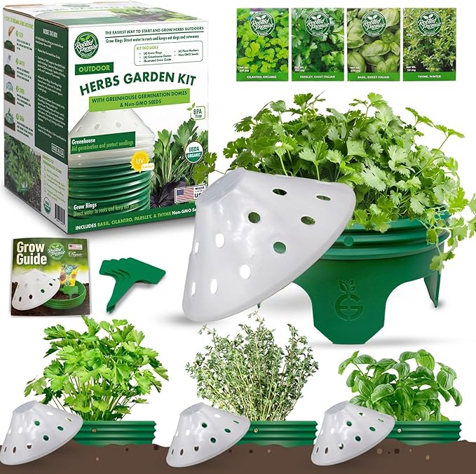4 Herb Garden Kit with Grow Rings and Greenhouse Germination Domes – Certified Organic Herb Planter Kit – Gardening Gift for Mom Teachers Women and Men – Made in USA