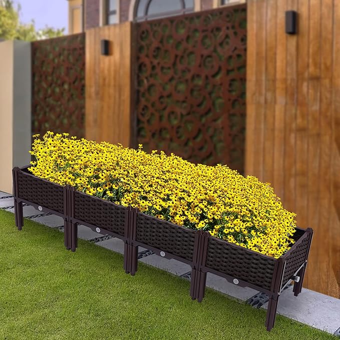 Set of 4 Raised Garden Beds with Legs - Elevated Planter Boxes with Drain Holes for Vegetables Fruits and Flowers - Perfect for Patio Deck Porch or Backyard - Outdoor Gardening Kits