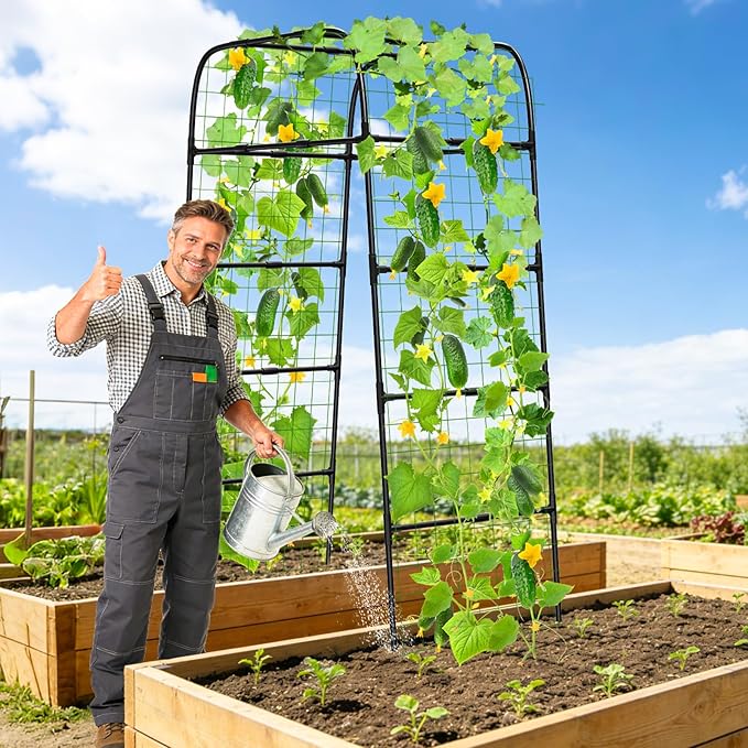 7ft Garden Arch Trellis for Climbing Plants Outdoor-Heavy Duty Metal Cucumber Trellis for Raised Beds- Tall Steel Vegetable Arbor for Climbing Vine Fruit Flower Yard Lawn Arch Tunnel Trellis