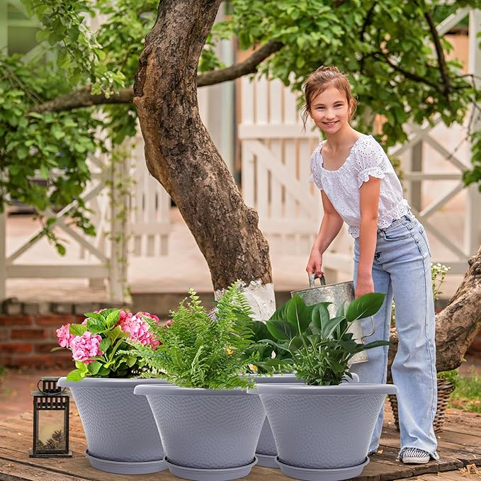 Quarut 12 Inch Large Planter Pot for Plants Indoor Outdoor 4 Pack Plastic Flower Pots with Drainage Hole &amp Tray Modern Decorative Garden Pot with Saucer Plant Container for House Grey