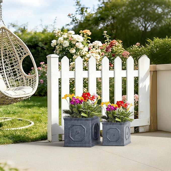 Kante Square Lion Head Concrete Planter Set of 2 Classic English Style Plant Pot with Drainage Hole and Rubber Plug for Indoor Outdoor 10.2x10.2x10.2 and 12.6x12.6x12.6 Antique Gray