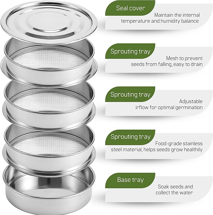 Stainless Steel 4-Tier Seed Sprouting Kit 6'' Diameter Indoor Gardening Planter for Microgreens Broccoli Sprouts Growing
