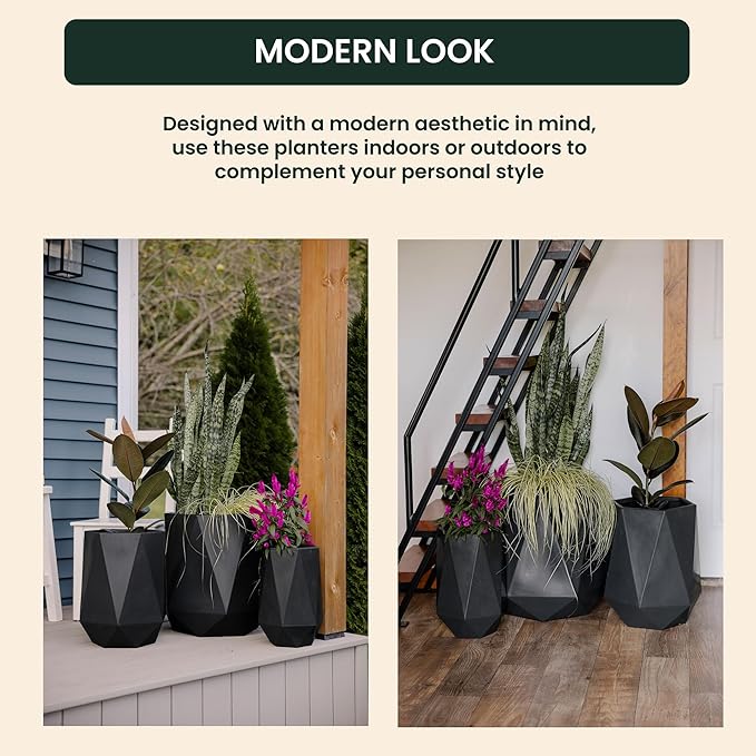 Beuta Large Planters for Outdoor Plants - Set of 3 15.5/18/20 Inches Outdoor Planters for Porch - Tall Planter for Outdoor &amp Indoor Plants | Large Indoor Plant Pot- USA Made - Black