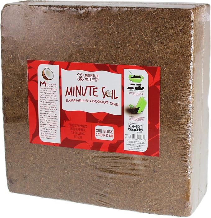 Mountain Valley Seed Company Minute Soil - Compressed Coco Coir Brick Fiber Grow Medium Potting Soil Indoor &amp Outdoor Plants 1 Block = 15 Gal Peat Free OMRI Organic
