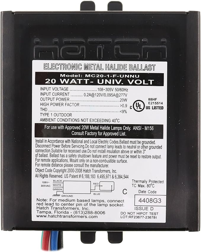 Hatch MC20-1-F-UNNU Electronic Metal Halide Ballast MH M156 20W 108-305VAC