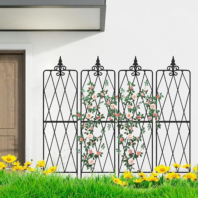Garden Trellis for Climbing Plants Outdoor Metal Garden Trellises Decorative Garden Fencing Flower Trellis with Durable Powder Coating for Vines Plant Rose Vegetable Support Black (4 Pattern-A)