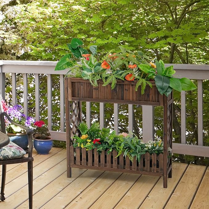 Giantex Planter Raised Bed Elevated Potted Plant Rack W/Shelf Fence Wooden Standing Plant Container Box w/Trellis for Vegetable Flower Herb Succulent Indoor Outdoor Patio Balcony (Brown)