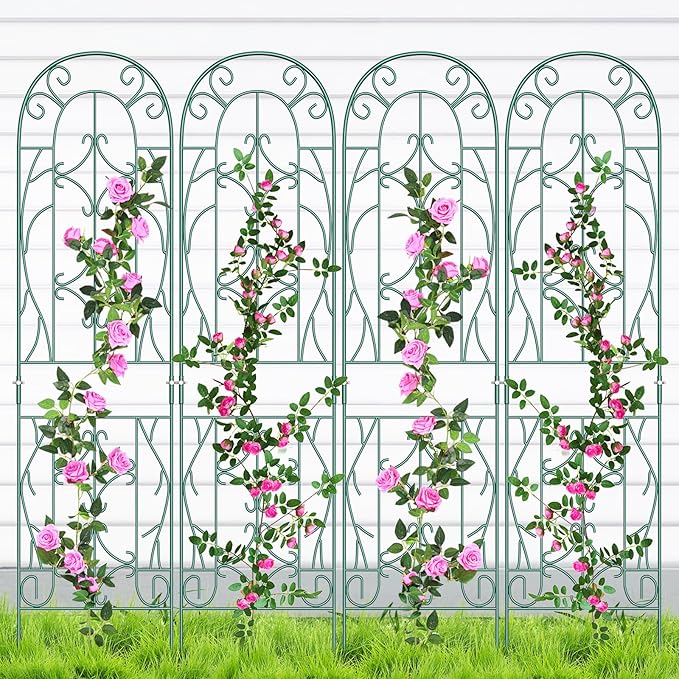 SUNYRISY 4Pack Metal Garden Trellis for Climbing Plants Outdoor Metal Plant Trellis for Flowers Tomato Cucumber Rose Vegetable Support Garden Decoration Green
