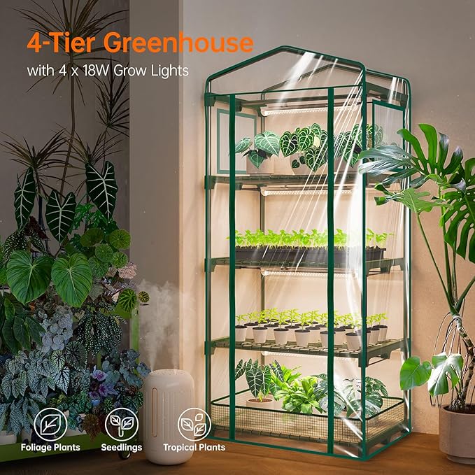 Bstrip Indoor Greenhouse with Grow Lights PVC Tent with Waterproof Base Mat Airflow Windows&ampZippered Door 4Pcs Grow Lights for Seed Starting with Timer 4-Tier Greenhouse Shelf 27.2x19.3x61.8in