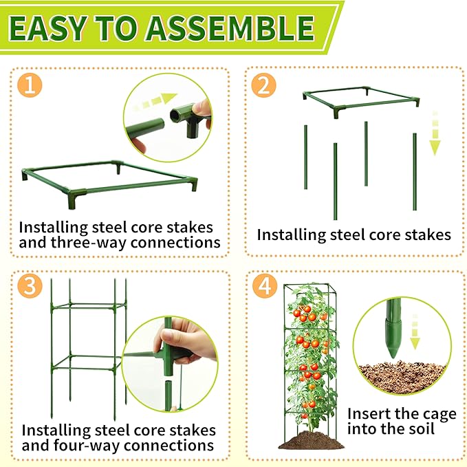 3 Pack Square Tomato Cages for Garden - 56 Inch Heavy Duty Tomato Plant Support Stakes Sturdy Metal Core with Rust-Resistant Coating Tomato Trellis for Raised Beds