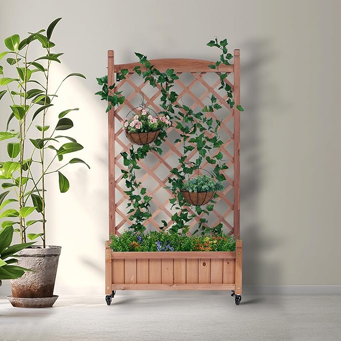 2-Pack Raised Garden Beds with Trellis &amp Wheels – Natural Wood Outdoor Planter Boxes with Climbing Racks Drainage Holes &amp Fixing Device – for Vegetables Flowers &amp Vines