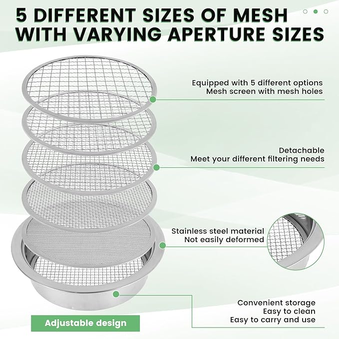 Soil Sieve Sifter Set Stainless Steel Soil Sifter with 5 Interchangeable Filter Mesh Sizes 1/3/6/9/12mm Multifunctional Soil Sieve Rustproof Garden Sieve Detachable Garden Soil Sifter for Gardening