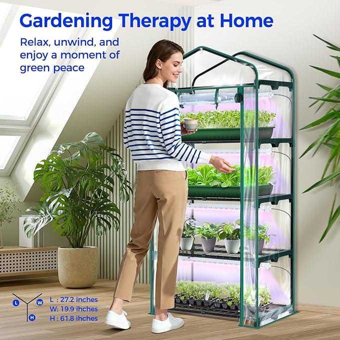 Indoor Greenhouse with Grow Light Ohuhu 4-Tier Mini Green House for Winter - Full Spectrum Greenhouses for Seed Starting Small Portable Green Houses Waterproof PVC Cover &amp Adjustable Shelves