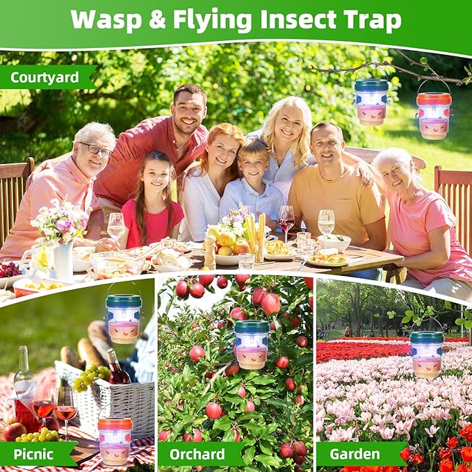 4 Pack Solar Powered Lighted Wasp Trap Outdoor Hanging Hornet Bee Effective Wasp Bee Repellent with Attraction Light
