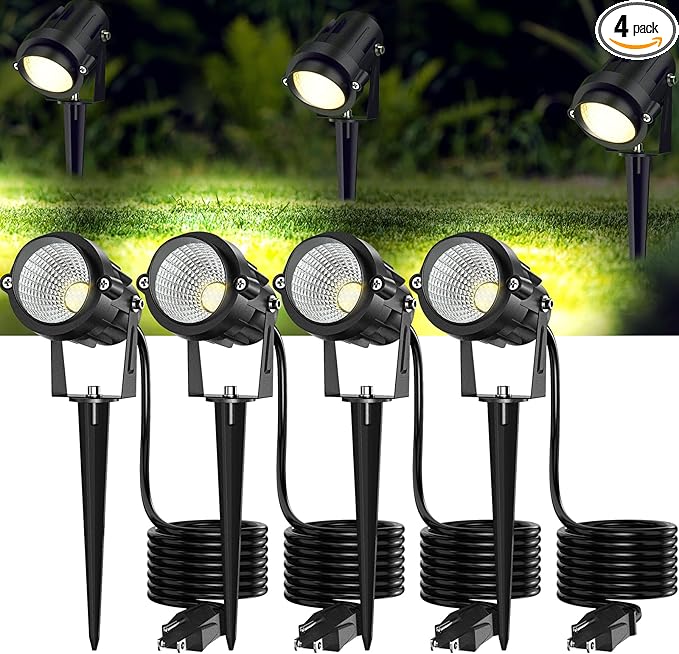 High Brightness 1000LM Outdoor Spot Lights for Yard 3500K Warm White Spot Lights Outdoor with 4.9FT Electric Cord 10W LED IP66 Waterproof Landscape Spotlights for Garden Tree Flag - 4 Pack