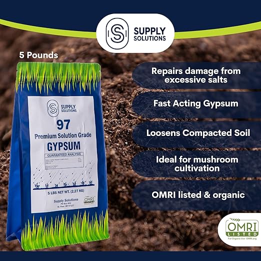 Supply Solutions Premium 97 Solution Grade Gypsum - Fast Acting Gypsum for Soil - Organic Calcium Sulfate Dihydrate - Gypsum Powder for Root Growth Lawns Mushroom Cultivation (5lbs)