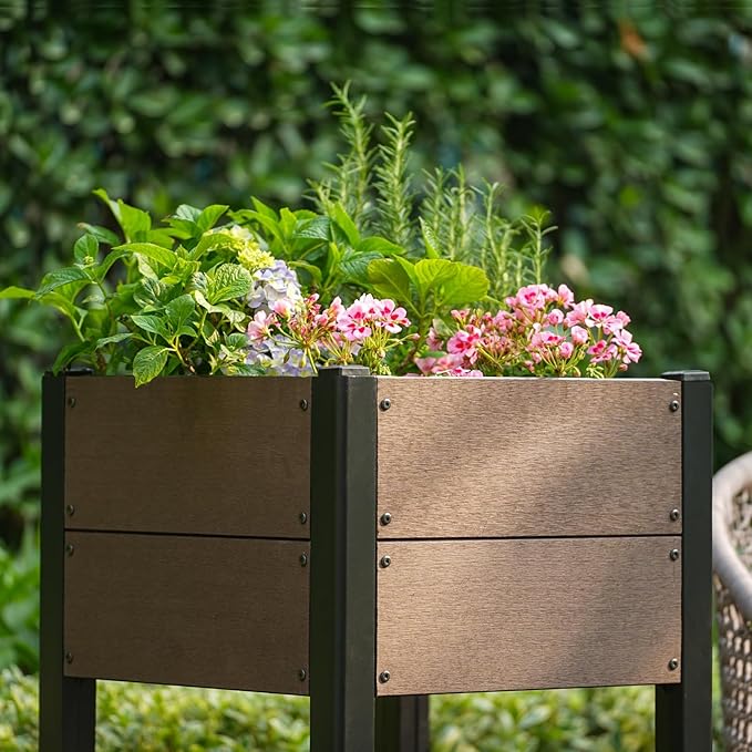 19 l x 33 h HDPE Raised Garden Bed on Legs with Storage Shelf All-Weather Elevated Planter Box Standing Herb &amp Vegetable Grow Bed with Black Aluminum Posts for Patio Balcony and Outdoor Use