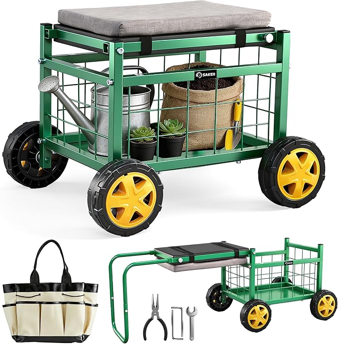 Saker Rolling Garden Cart with Seat &amp Wheels - 15.7'' EVA Padded Rolling Stool 500 lb Steel Frame Large Storage Basket - Garden Wagon Workseat for Patio Lawn Yard (Luxury Version)