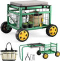 Saker Rolling Garden Cart with Seat &amp Wheels - 15.7'' EVA Padded Rolling Stool 500 lb Steel Frame Large Storage Basket - Garden Wagon Workseat for Patio Lawn Yard (Luxury Version)