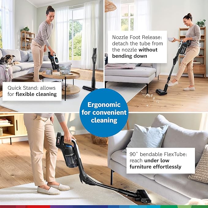 Bosch Unlimited 10 Cordless Stick Vacuum Cleaner - Up to 80 Min Battery Pet Hair Hard Floors Carpets HEPA Filter Bendable Tube for Under Furniture Upholstery 3 Accessories White