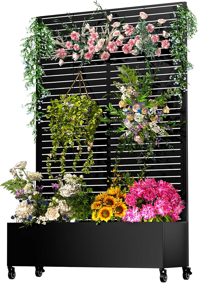 Metal Planter Box with Trellis72x47x16Galvanized Steel Outdoor Raised Garden Bed with Privacy Screenwith Drainage Holes &amp Lockable Casters for Climbing PlantsVegetablesand Vines(BYC)