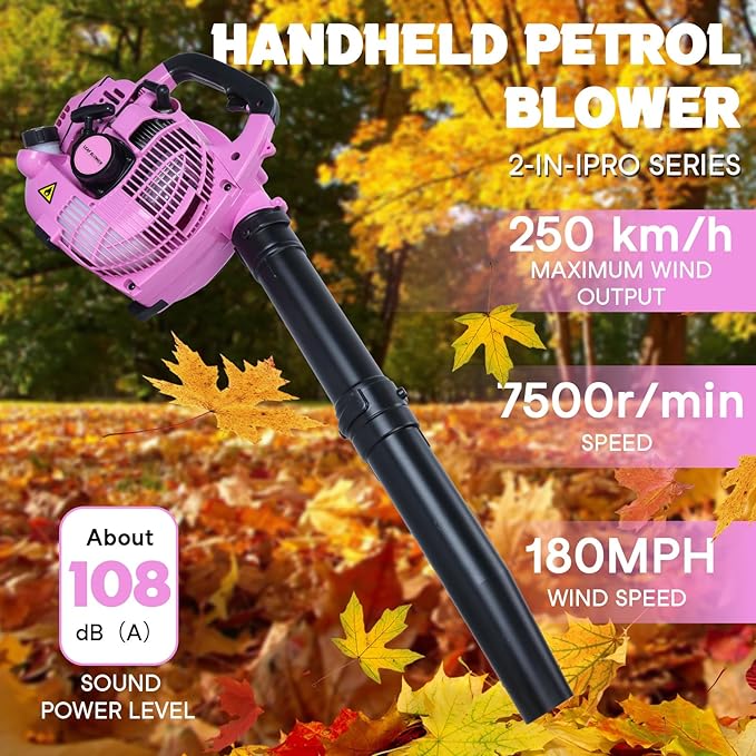 Handheld Gas Leaf Blower 2-Stroke Gas Powered Leaf Blower 26cc Gasoline Grass Sweeper Powerful Clearing Blower for Lawn Care Snow Blowing &amp Yard Cleaning (Pink)