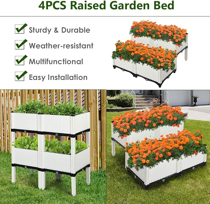 S AFSTAR Raised Garden Bed Kit Set of 4 Elevated Planter Boxes with Self-Watering Design &amp Removable Legs Outdoor Plastic Planter Box for Patio Yard Balcony Gardening Rattan Pattern (White)