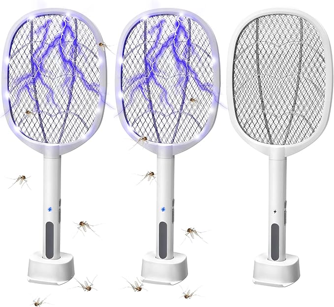 3 Packs Electric Fly Swatter Rackets 2-in-1 Handhold Bug Zapper with 3000V High Voltage Plug-in Mosquito Killer Insect Light Trap with 3 Layer Safety Mesh Portable for Indoor Outdoor Use