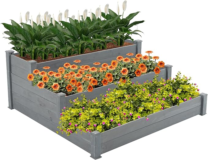 GERRIT 48.6 x 48.6 x 21inch 3 Tier Raised Garden Bed Horticulture Outdoor Elevated Flower Box Wooden Tiered Garden Bed Vegetables Growing Planter for Backyard/Patio/Gardener (Grey)