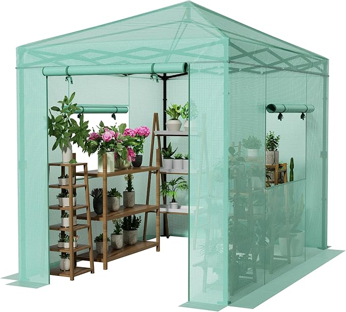 Greesum 8x6 FT Portable Pop-up Greenhouse with Center Lock PE Cover Zippered Door and 2 Roll-up Windows Easy Assemble(Green)