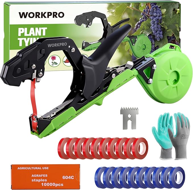 WORKPRO Plant Tying Machine Lightweight Tape Gun for Tying Vines and Support Plants Includes Gloves 20 Rolls of Tape 10000 Staples Ideal for Tomatoes Grapes Cucumber and Vegetables