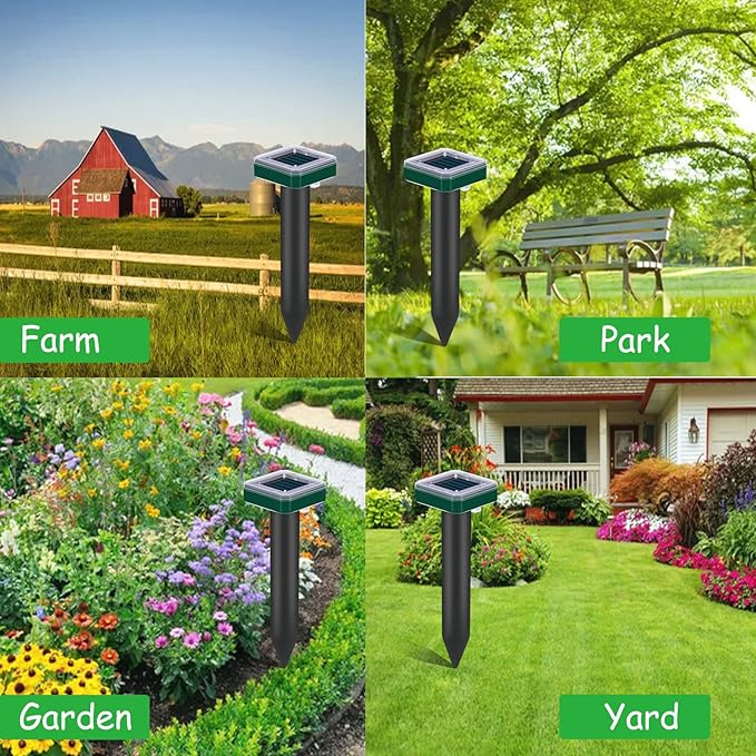 Mole Repellent Solar Powered for Lawns Snake Repellent for Yard Gopher Trap Groundhog Vole Repellent Ultrasonic Spike Outdoor Waterproof Sonic Chipmunk Rodent Burrowing Animals Deterrent Stake (4)