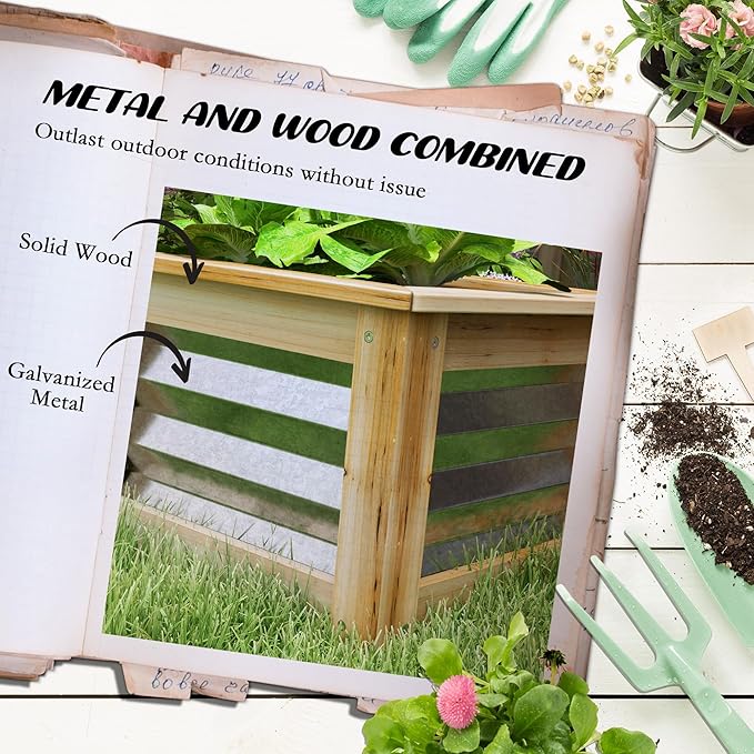 Raised Garden Bed Kit Outdoor Planter Box Galvanized Metal Reinforced with Wood Stock Tank for Growing Flowers Herbs and Vegetables