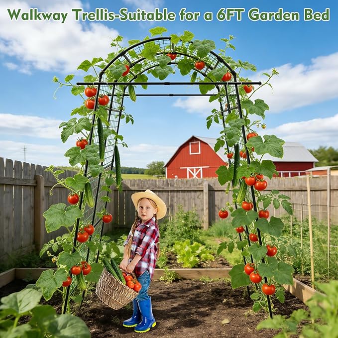 AGTEK 87in Garden Arch Trellis for Climbing Plants Garden Arches Support Structure Tall Metal Garden Tunnel Trellises Archway for Climbing Vine Vegetable Fruit Flower Squash Arbors