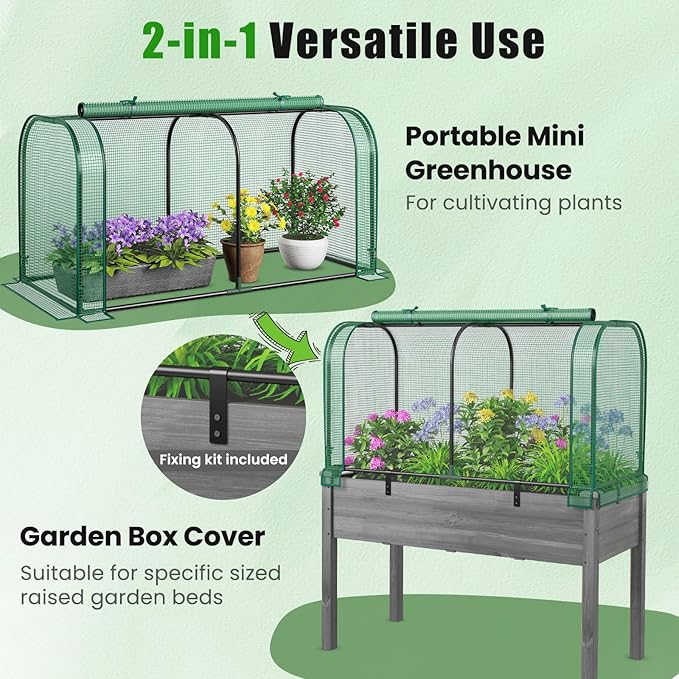 Giantex Raised Garden Bed with Cover Wood Elevated Planter Box with Legs &amp Mini Greenhouse Waterproof Sun-Protective PE Green House Cover Outdoor Use for Fruit Vegetable Flower Herb (Green+Gray