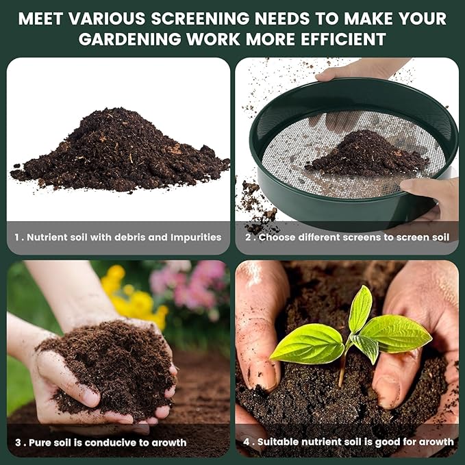 Soil Sifter for Gardening 12 Inch Dirt Garden Sieve Soil Sifter with 4 Replaceable Fine Screens and Shovel Rock Sieve Sifter Sifting Pan Soil Sieve Sifter Set