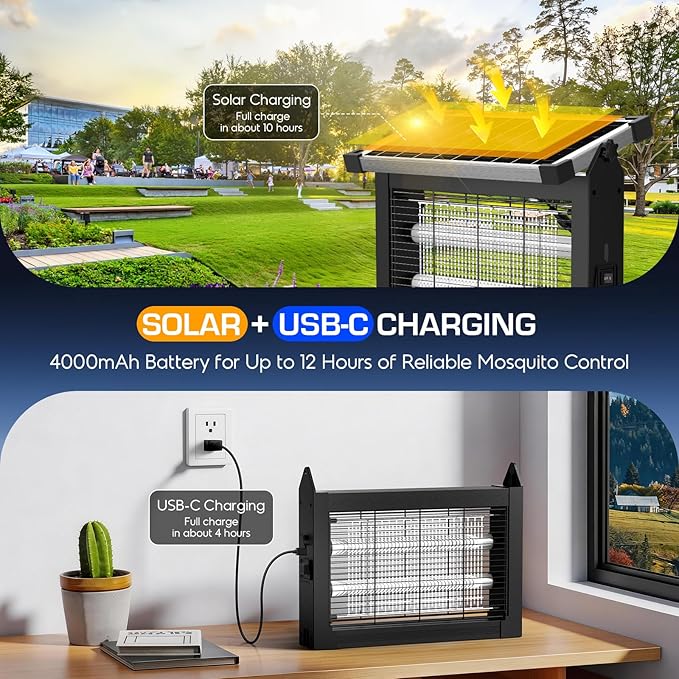 Solar Bug Zapper Outdoor Waterproof 4500V High Power Cordless Mosquito Zapper with Smart Light Sensor Dual Solar &amp USB Rechargeable Insect Killer for Patio Garden Backyard Indoor &amp Outdoo