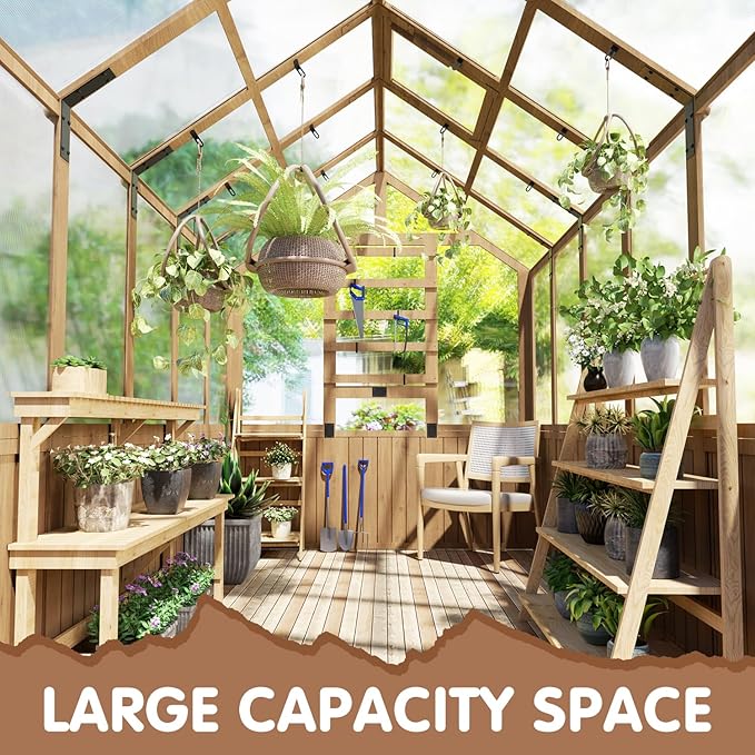 EBE 6'x10' Greenhouse for Outdoor Wooden Walk-in Greenhouse with Polycarbonate Panel and Adjustable Roof Vent Garden Greenhouses for Patio Yard and Backyard