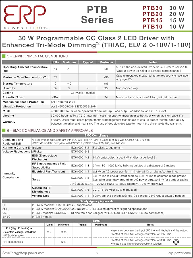 ERP PTB30W-0700-42-FN ERP Power Constant Current Driver - 29.4W 700mA | Output Voltage 28-42Vdc | Tri-Mode Dimmable