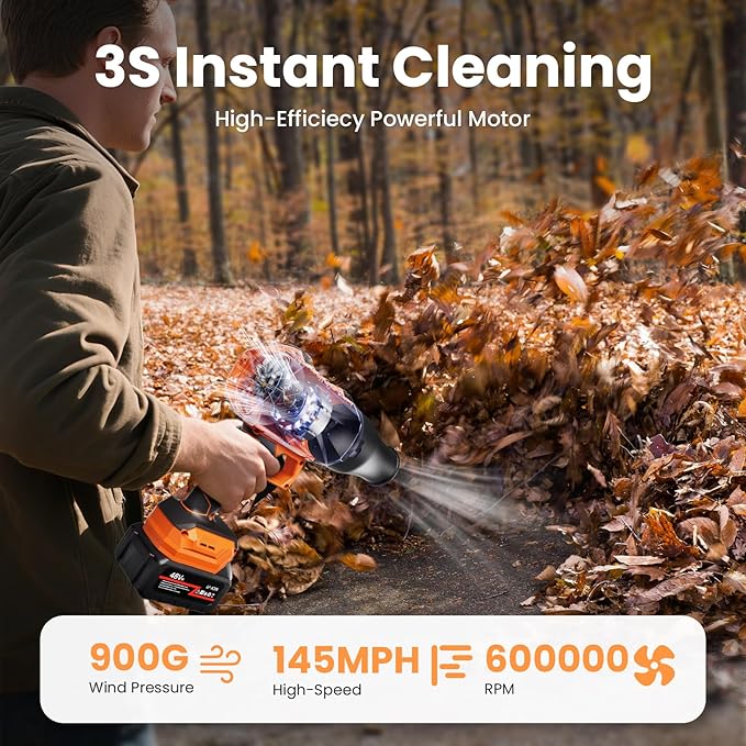 Leaf Blower Cordless 48 V Dual Batteries 30000 RPM Turbo Jet Blower with Extended Nozzles Premium Lightweight Handheld Set for Lawn Care Leaf/Car/Snow/Dust Cleaning in Patio &amp Yard