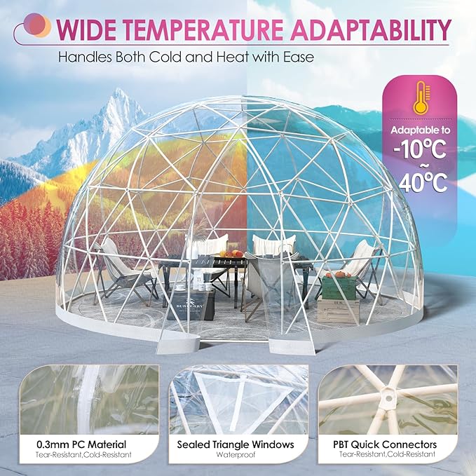 Upgraded 12FT Garden Dome Tent Outdoor Clear Bubble Tent for 6–10 People Geodesic Dome Greenhouse with Waterproof PVC Clear Cover LED Lights Window for Backyard Patio Camping Party