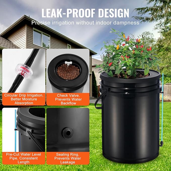 Happybuy DWC Hydroponics Grow System 5-Gallon 4 Buckets Deep Water Culture with Top Drip Kit Air Pump Air Stones Water Level Device for Leafy Vegetables