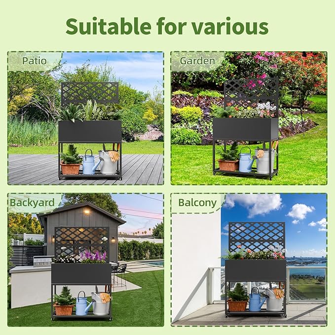 Metal Planter Box with Trellis55 H x35 W Raised Garden Beds with Privacy Screen for Climbing Plants Flower Elevated Standing Planter Garden Bed with Drainage Holes for Outdoor PatioBlack
