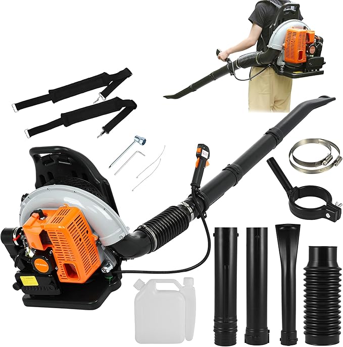 63CC Backpack Leaf Blower Gas Powered 3HP 2-Stroke Engine 665CFM High Velocity Air Cooling System Adjustable Backpack Blowers Gas for Lawn Garden Yard Snow Gutter Cleaning (Power Orange)